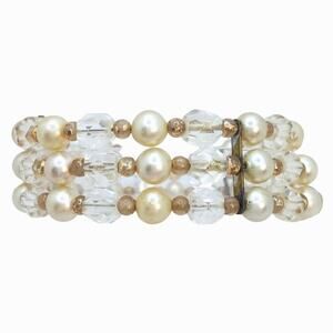 Vintage Triple Strand Pearl Bracelet Mid Century Clear Crystal Cuff Flex Wire